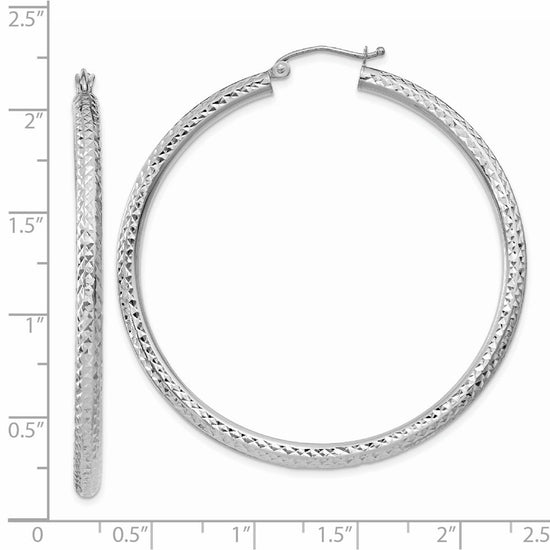 14k White Gold 3x50mm Diamond-cut Round Tube Hoop Earrings
