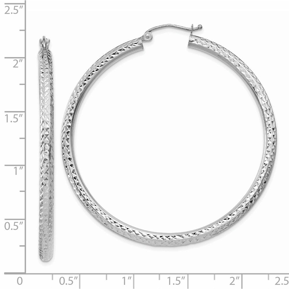 14k White Gold 3x50mm Diamond-cut Round Tube Hoop Earrings