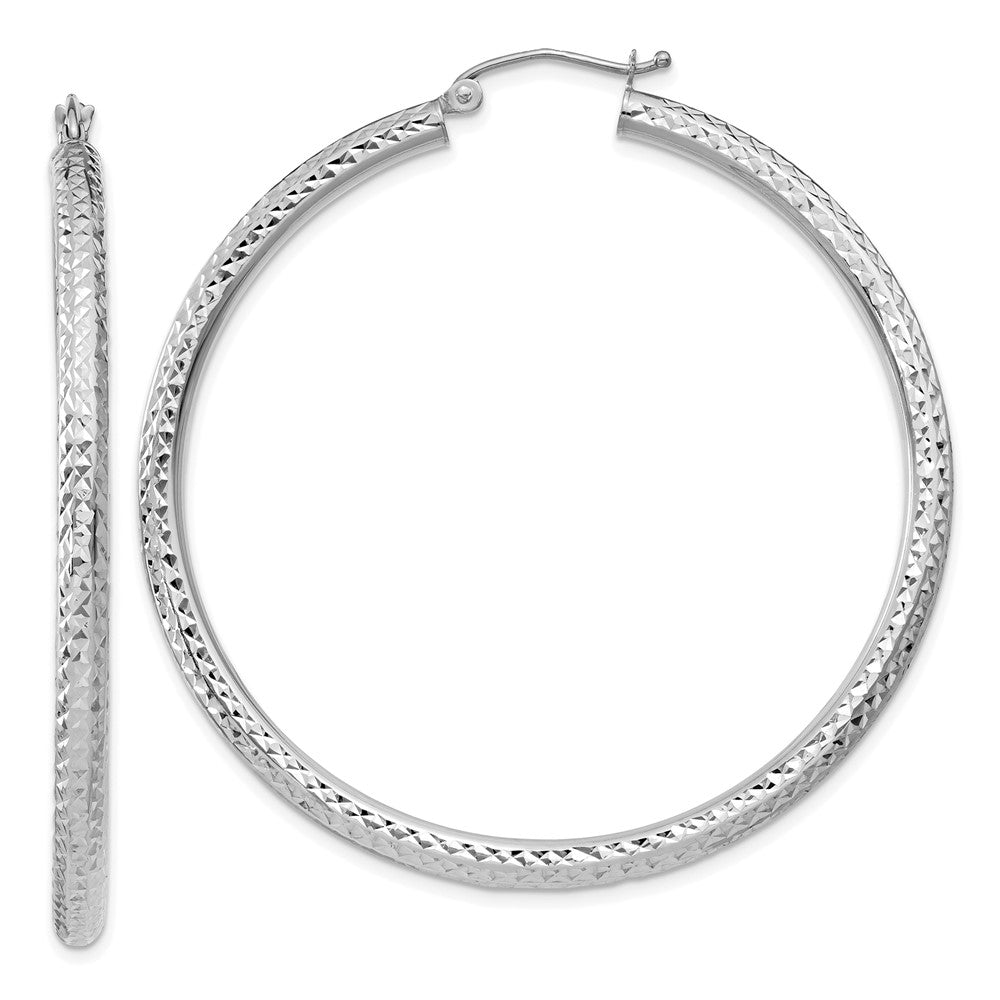 14k White Gold 3x50mm Diamond-cut Round Tube Hoop Earrings