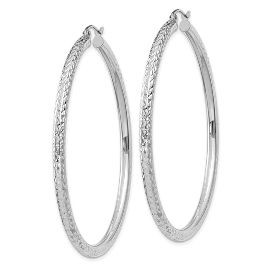 14k White Gold 3x55mm Diamond-cut Round Tube Hoop Earrings