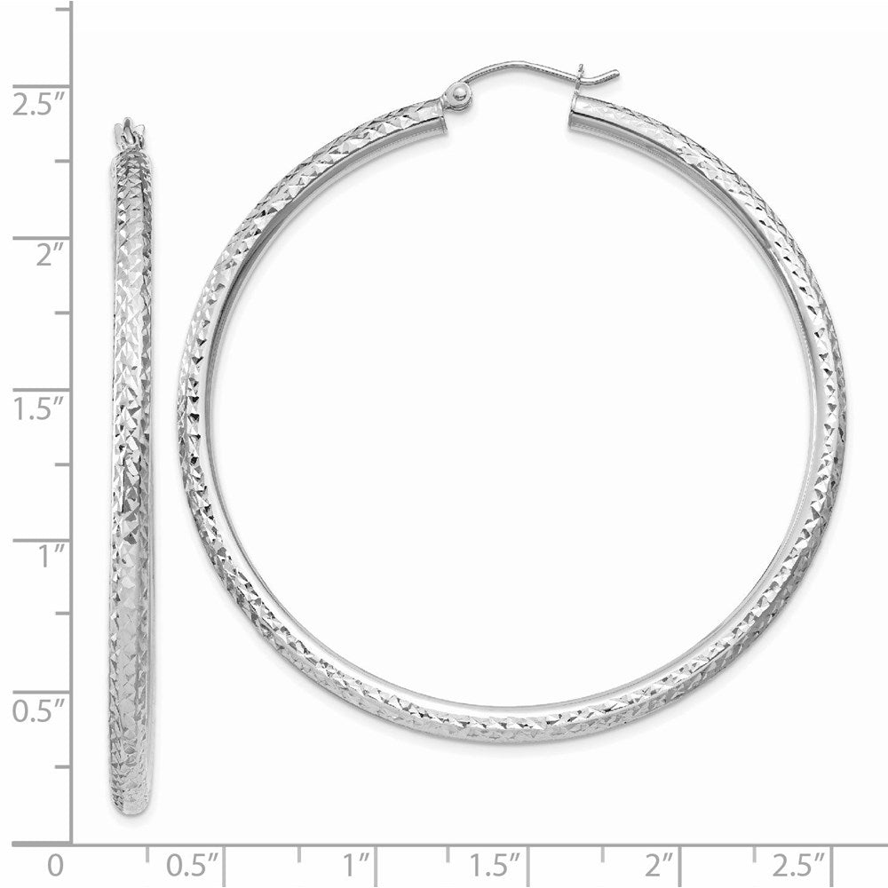 14k White Gold 3x55mm Diamond-cut Round Tube Hoop Earrings