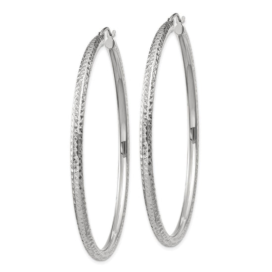 14k White Gold 3x60mm Diamond-cut Round Tube Hoop Earrings