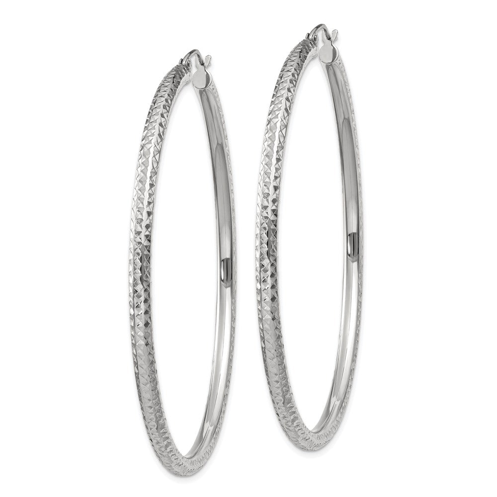 14k White Gold 3x60mm Diamond-cut Round Tube Hoop Earrings