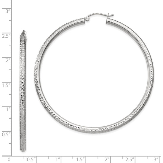 14k White Gold 3x60mm Diamond-cut Round Tube Hoop Earrings