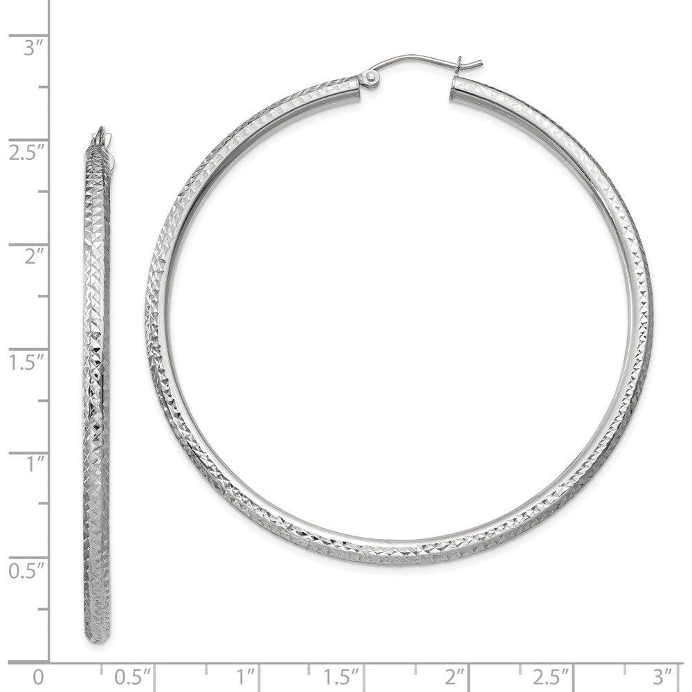 14k White Gold 3x60mm Diamond-cut Round Tube Hoop Earrings