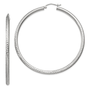 14k White Gold 3x60mm Diamond-cut Round Tube Hoop Earrings