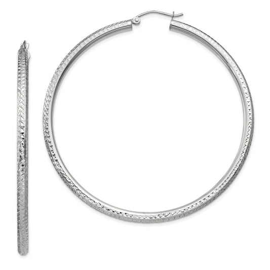 14k White Gold 3x60mm Diamond-cut Round Tube Hoop Earrings