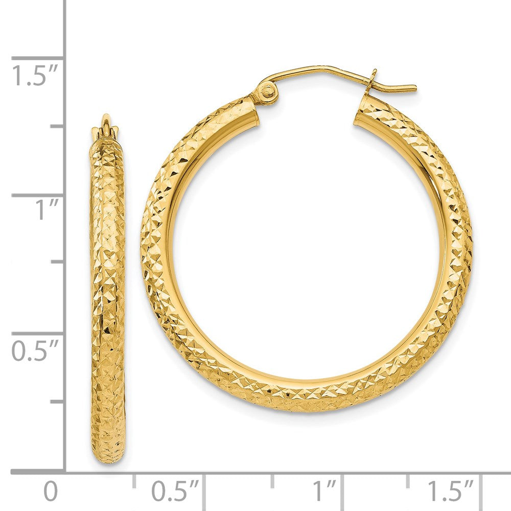 14k 3x30mm Diamond-cut Round Tube Hoop Earrings