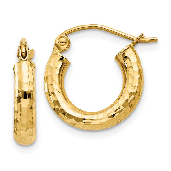 14k 3x14mm Diamond-cut Round Tube Hoop Earrings