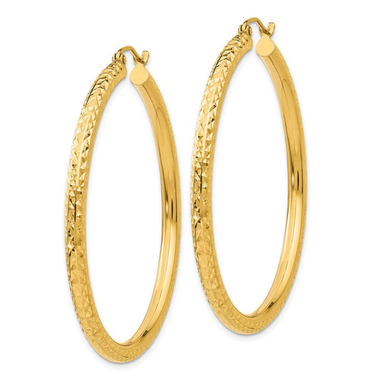 14k 3x45mm Diamond-cut Round Tube Hoop Earrings
