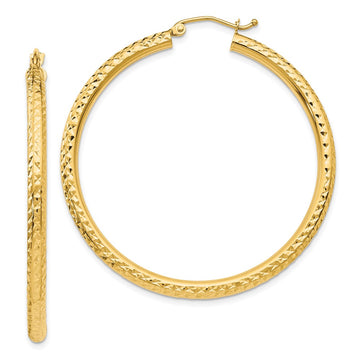 14k 3x45mm Diamond-cut Round Tube Hoop Earrings