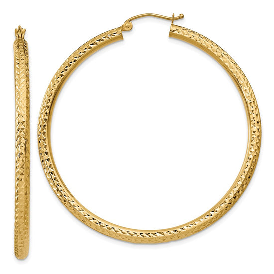 14k 3x50mm Diamond-cut Round Tube Hoop Earrings
