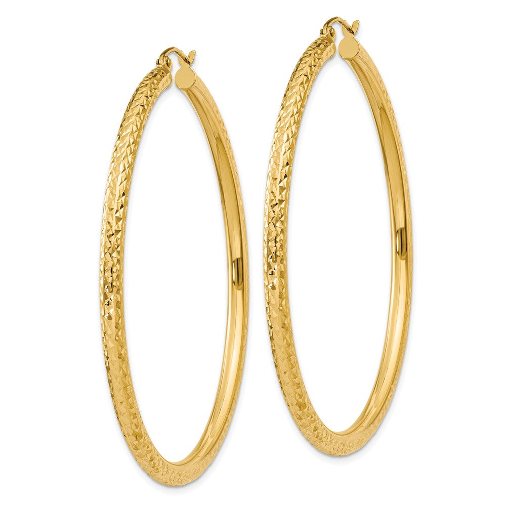 14k 3x55mm Diamond-cut Round Tube Hoop Earrings