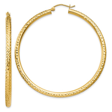 14k 3x55mm Diamond-cut Round Tube Hoop Earrings