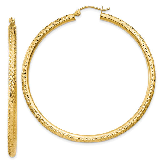 14k 3x55mm Diamond-cut Round Tube Hoop Earrings
