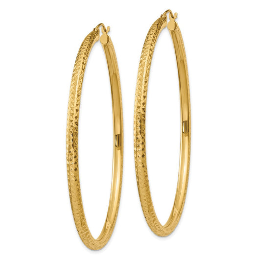 14k 3x60mm Diamond-cut Round Tube Hoop Earrings