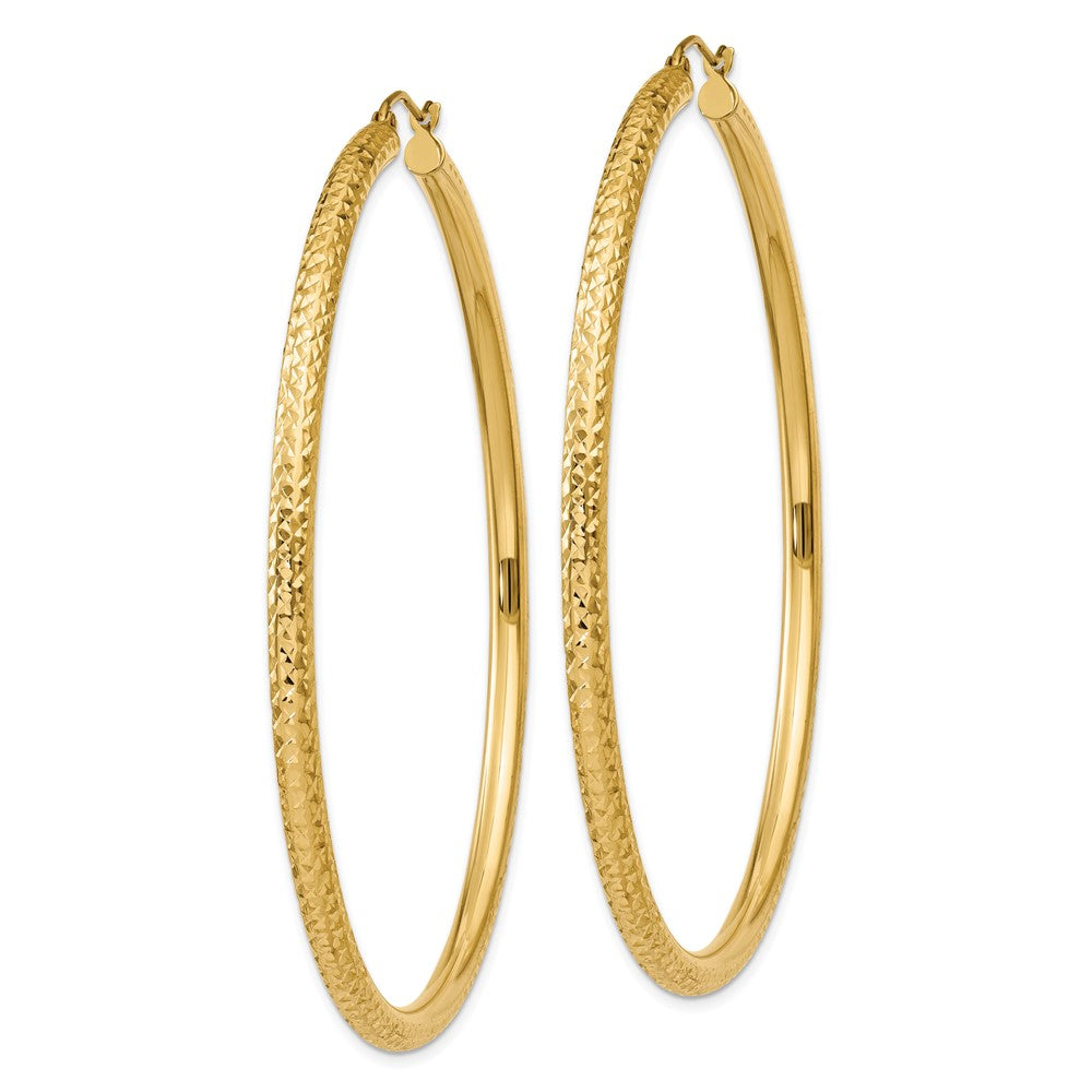 14k 3x65mm Diamond-cut Round Tube Hoop Earrings