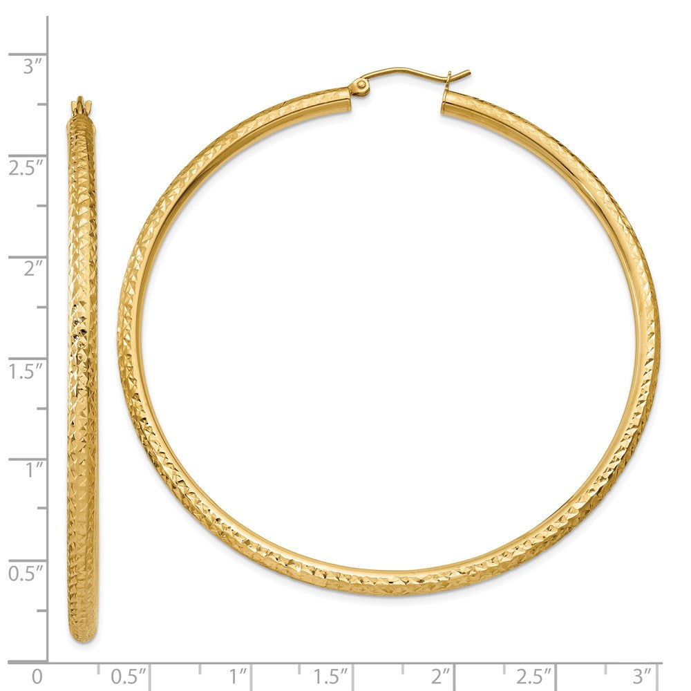 14k 3x65mm Diamond-cut Round Tube Hoop Earrings