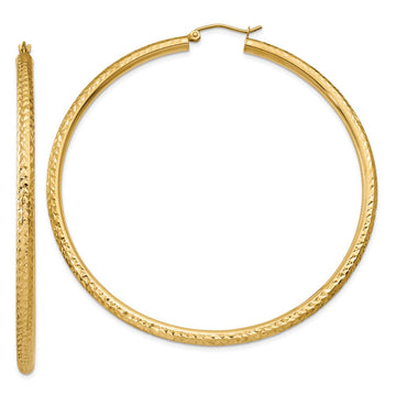 14k 3x65mm Diamond-cut Round Tube Hoop Earrings