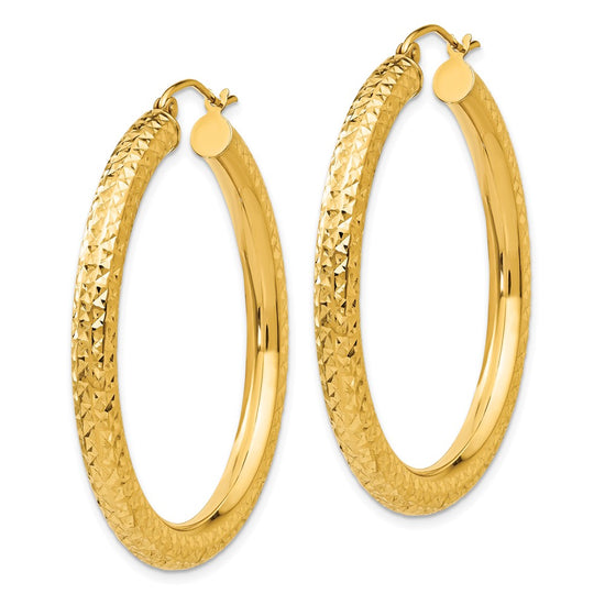 14k 4x40mm Diamond-cut Round Tube Hoop Earrings