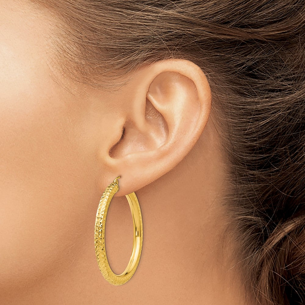 14k 4x40mm Diamond-cut Round Tube Hoop Earrings