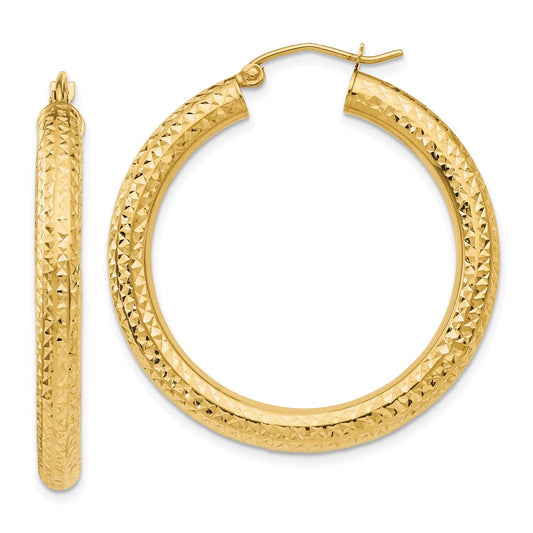14k 4x35mm Diamond-cut Round Tube Hoop Earrings