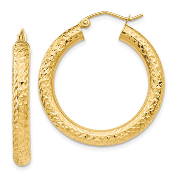 14k 4x30mm Diamond-cut Round Tube Hoop Earrings