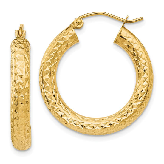 14k 4x25mm Diamond-cut Round Tube Hoop Earrings