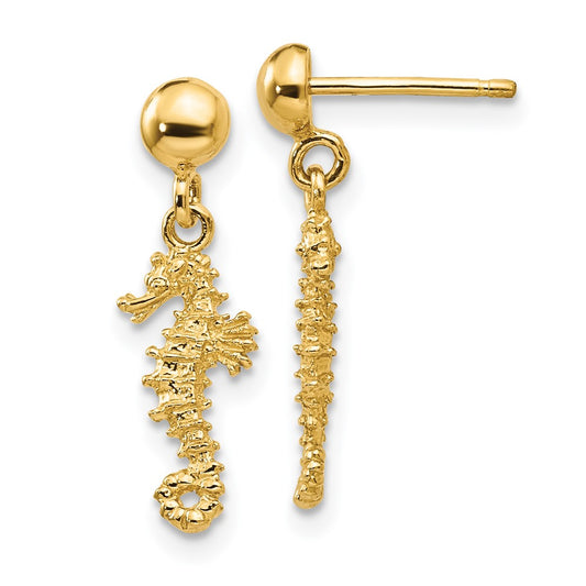 14k 3-D Mini Seahorse Dangle Post Earrings