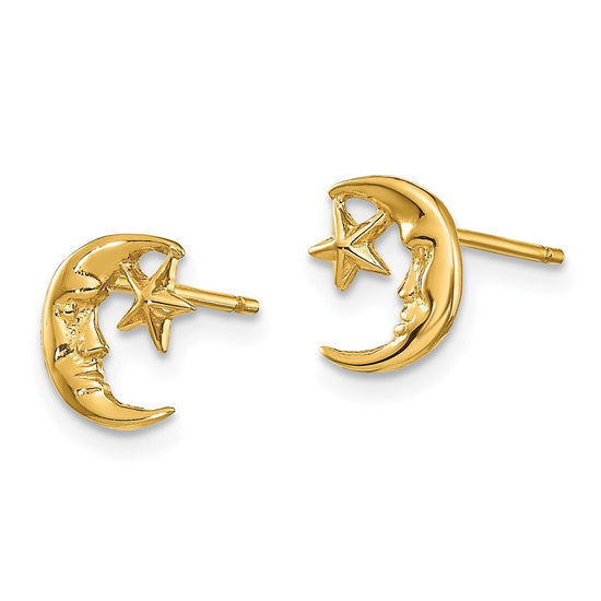 14k Polished Moon with Face and Star Post Earrings