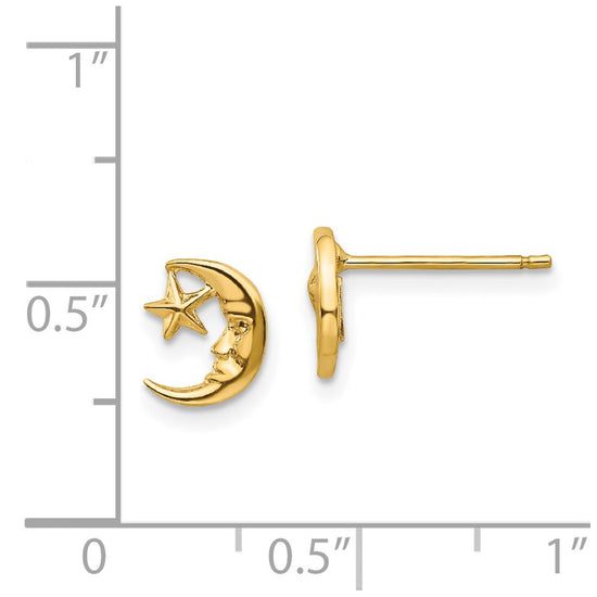 14k Polished Moon with Face and Star Post Earrings