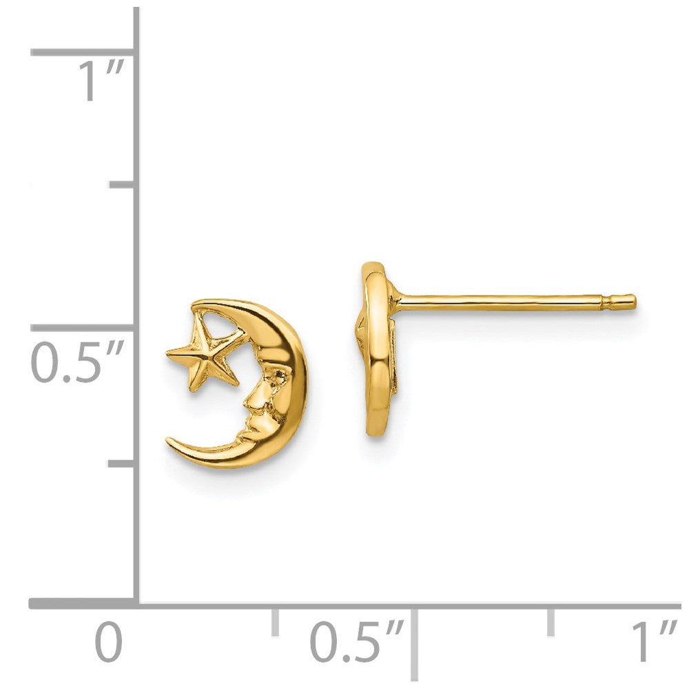 14k Polished Moon with Face and Star Post Earrings