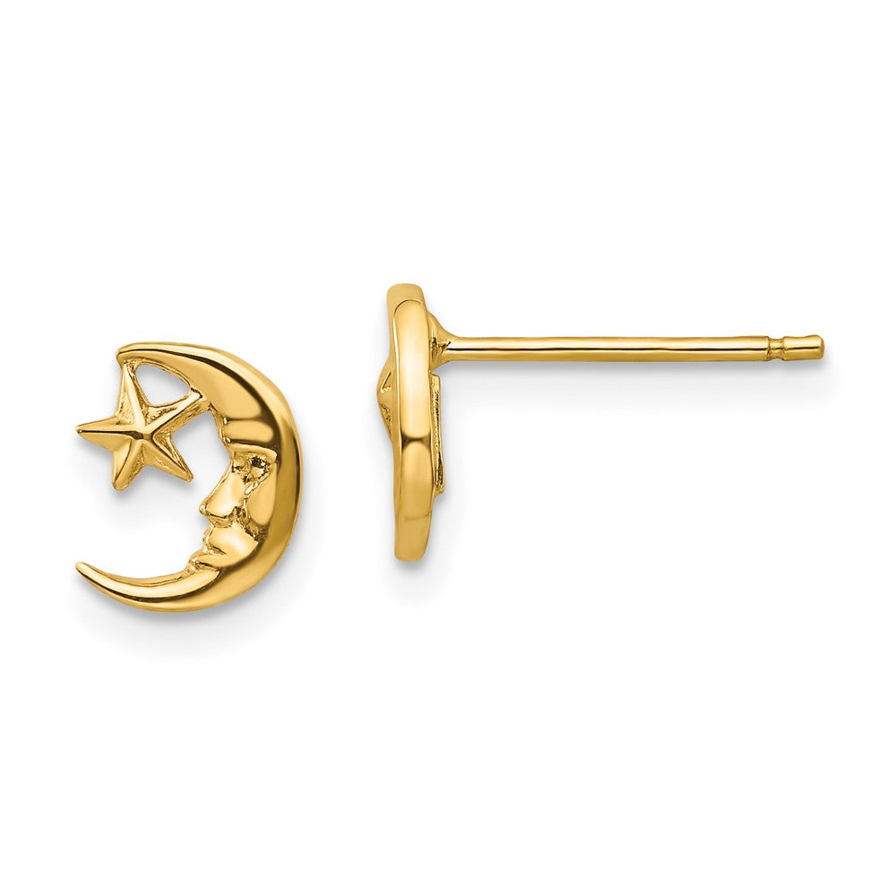 14k Polished Moon with Face and Star Post Earrings