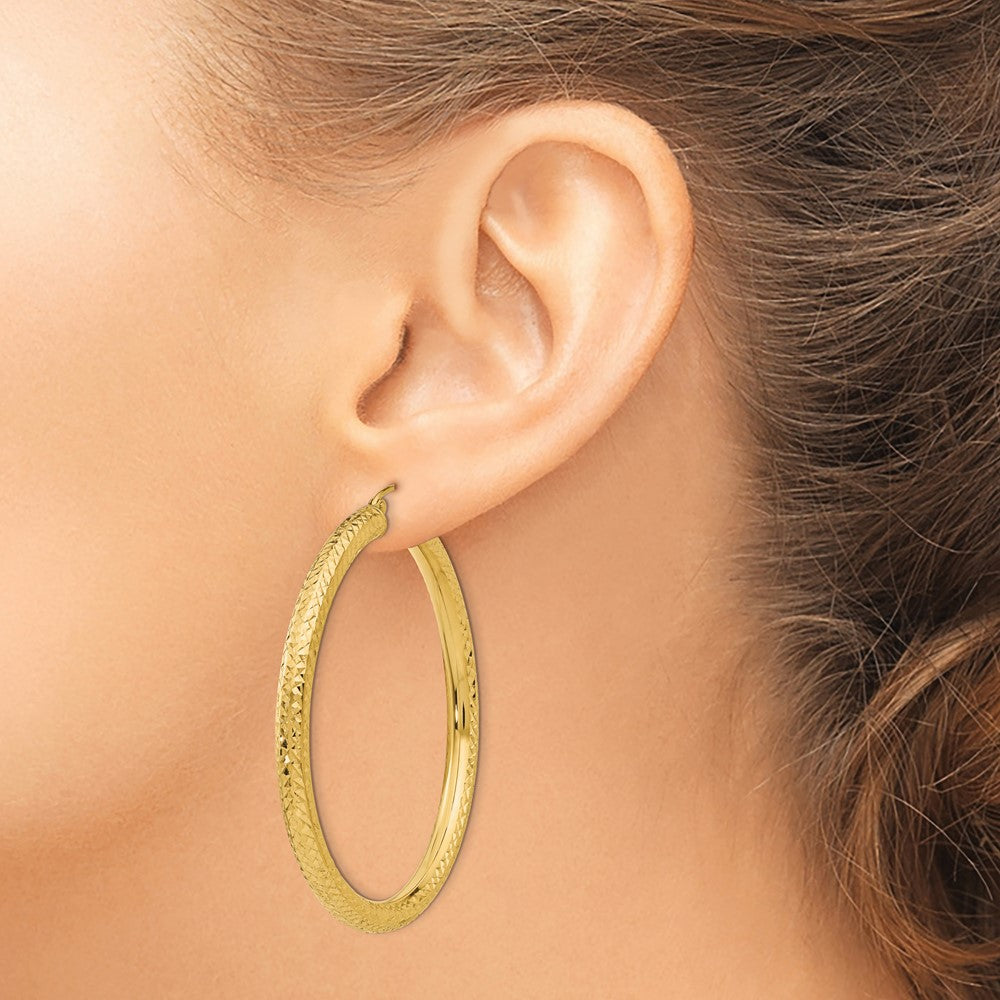 14k 4x50mm Diamond-cut Round Tube Hoop Earrings