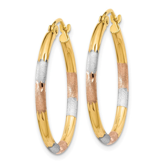 14K w/White and Rose Rhodium 2mm Satin & D/C Hoop Earrings