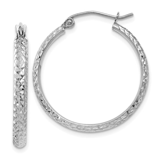 14K White Gold 2.8x25mm Diamond-cut Tube Hoop Earrings