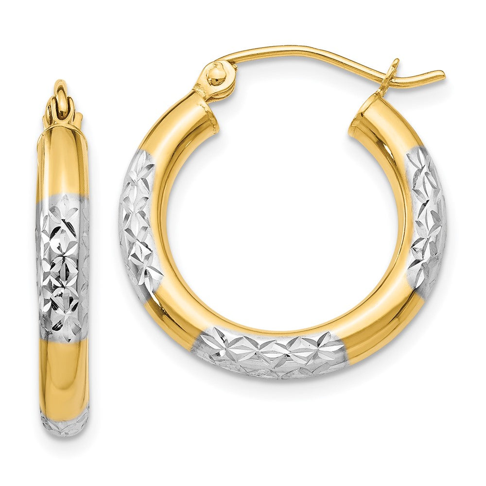 Gold & Rhodium Polish Diamond-cut Tube Hoop Earrings