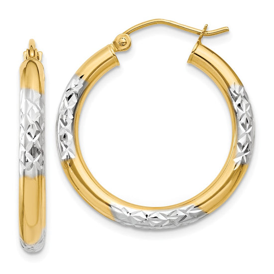 Gold & Rhodium Polish Diamond-cut Tube Hoop Earrings