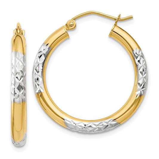 Gold & Rhodium Polish Diamond-cut Tube Hoop Earrings