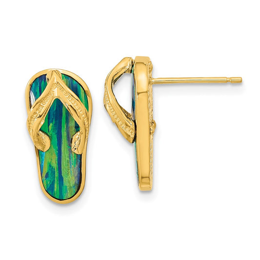 14k Polished with Lab Created Blue Opal Flip-Flop Post Earrings