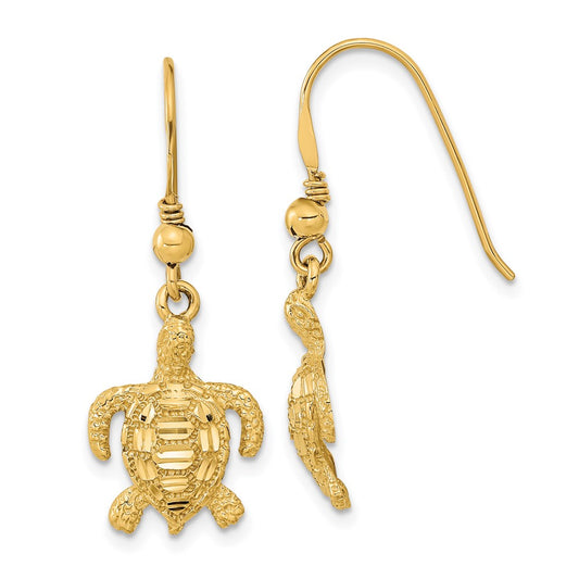 14k Polished and Textured Diamond-cut Turtle French Hook Earrings