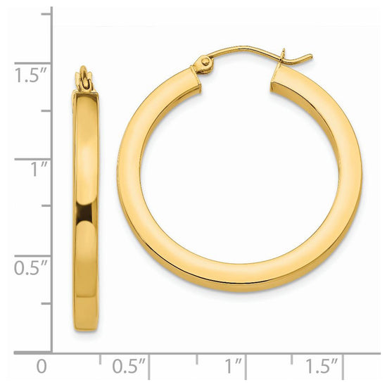 14k 3x30mm Polished Square Tube Hoop Earrings