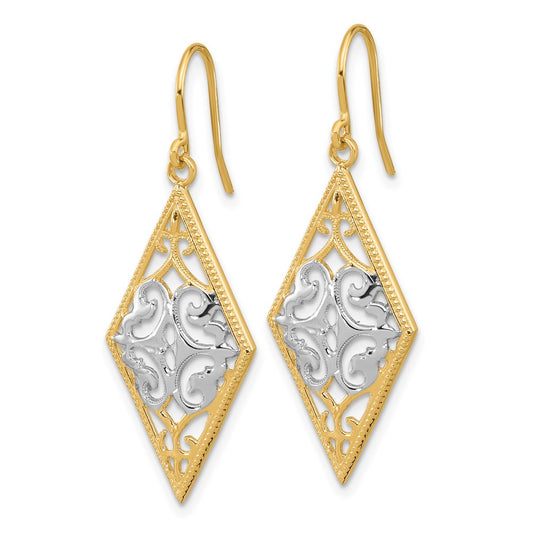14K and White Rhodium Diamond-Shape Filigree Dangle French Hook Earrings
