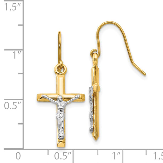 14k Two-tone Polished Crucifix Dangle French Hook Earrings