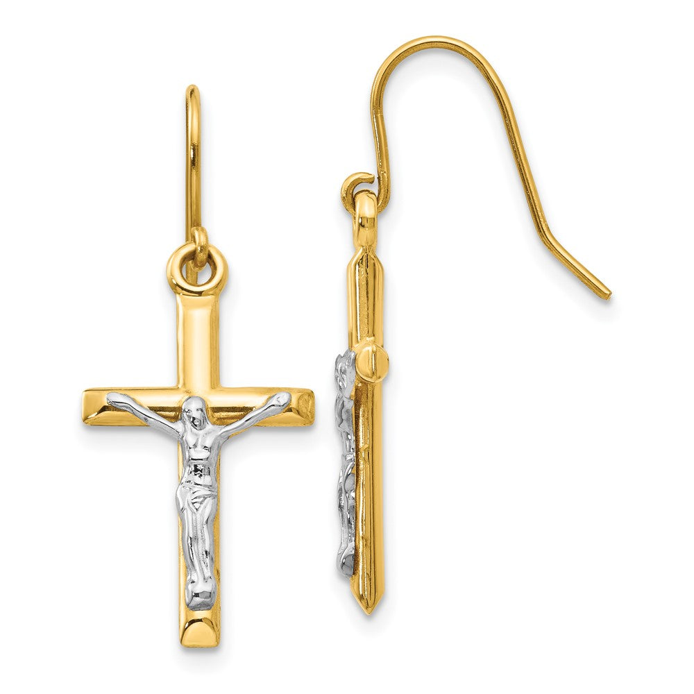 14k Two-tone Polished Crucifix Dangle French Hook Earrings