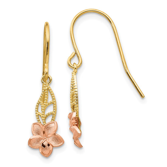 14K Two-tone Fancy Plumeria Dangle French Wire Earrings