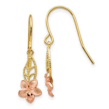 14K Two-tone Fancy Plumeria Dangle French Wire Earrings