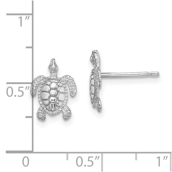 14K White Gold Polished and Textured Sea Turtle Post Earrings