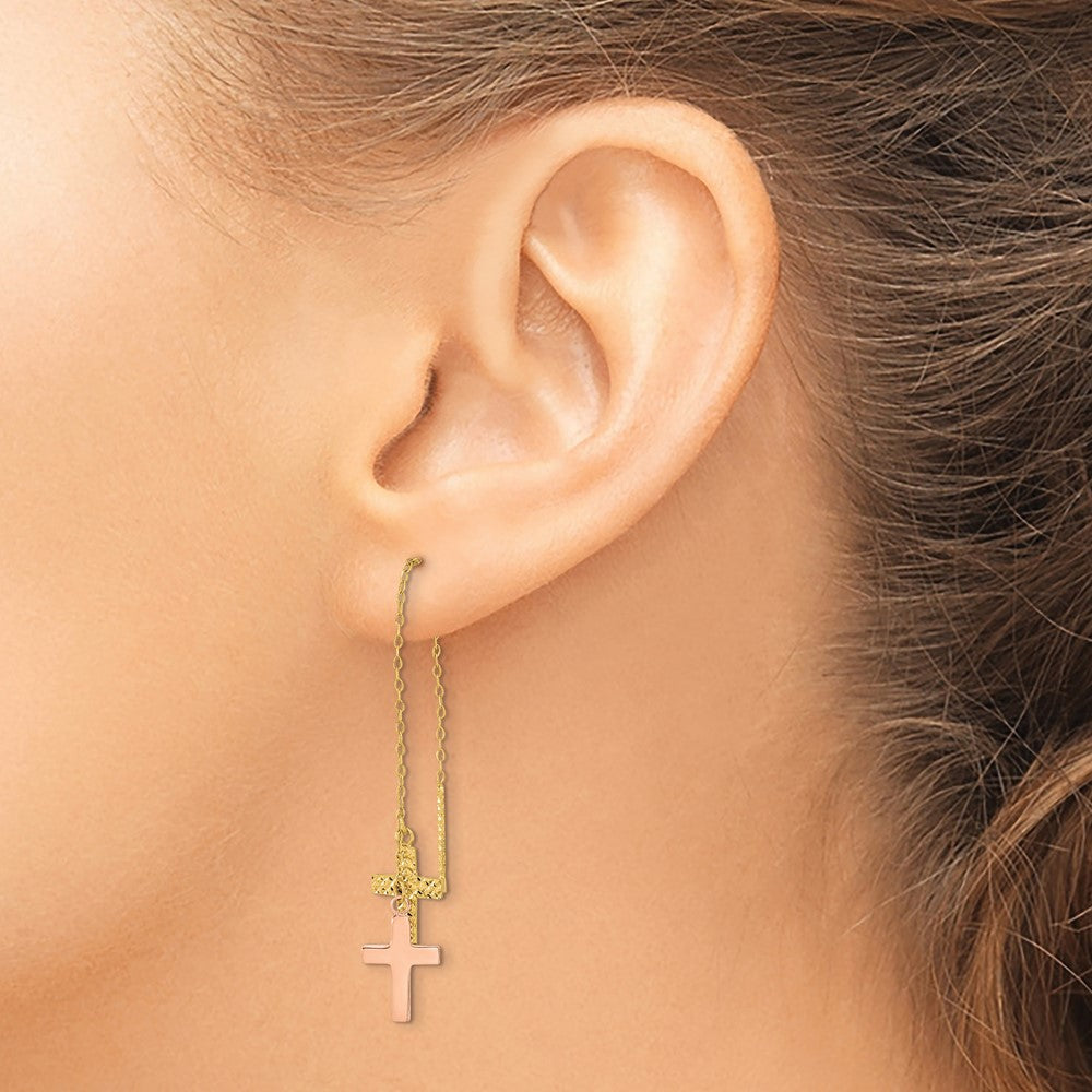 14k Yellow and Rose Gold Diamond-cut Polished 2-Crosses Threader Earrings
