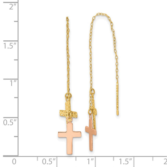 14k Yellow and Rose Gold Diamond-cut Polished 2-Crosses Threader Earrings